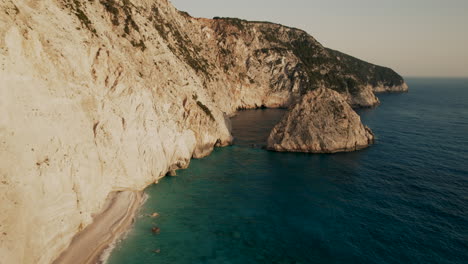 Aerial-of-dramatic-sea-cliffs-of-Porto-Katsiki-on-Mediterranean,-Lefkada,-Greece