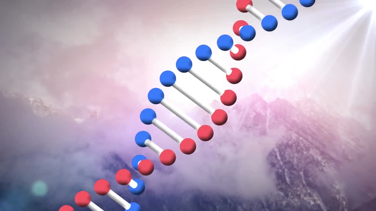 estructura de dna girando contra el punto de luz y el paisaje de montañas cubiertas de nieve