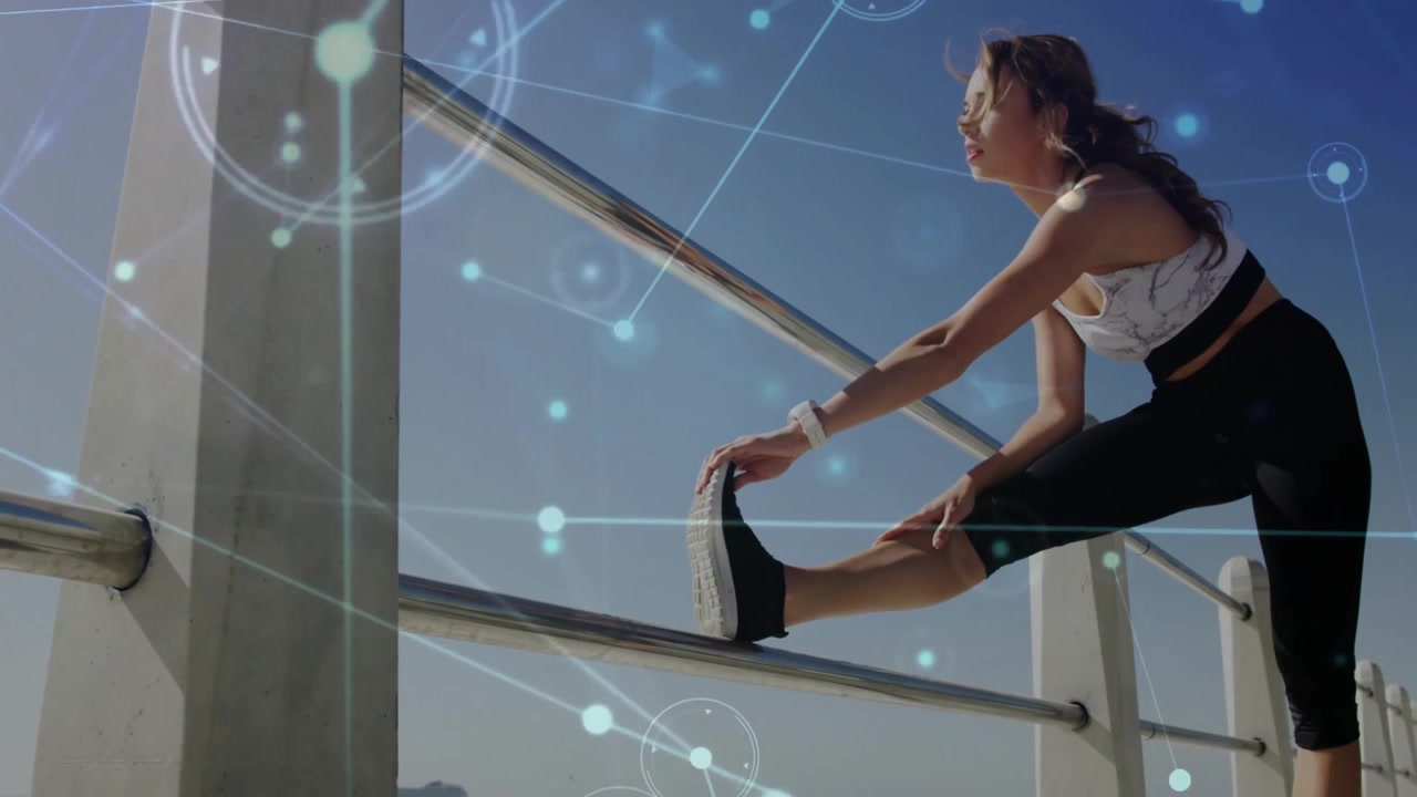 Woman approaching seaside railing, stretching hamstring for fitness with digital overlay floating