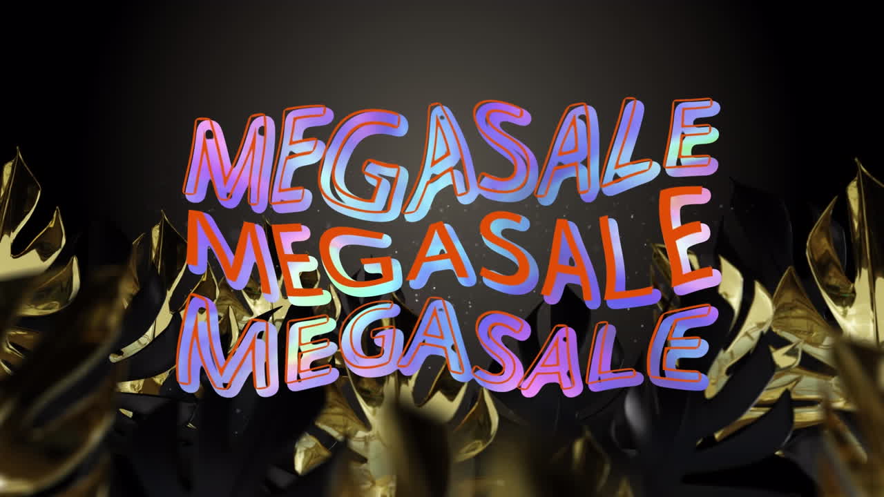 animación de textos de mega venta en repetición sobre hojas en fondo negro