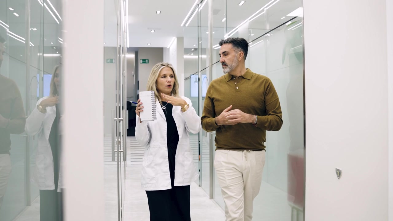 Médica Consultando Paciente Masculino no Corredor de Clínica Moderna