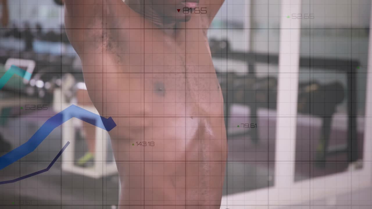 Entusiasta del fitness levantando mancuernas por encima de la cabeza con gráficos animados que rastrean métricas.