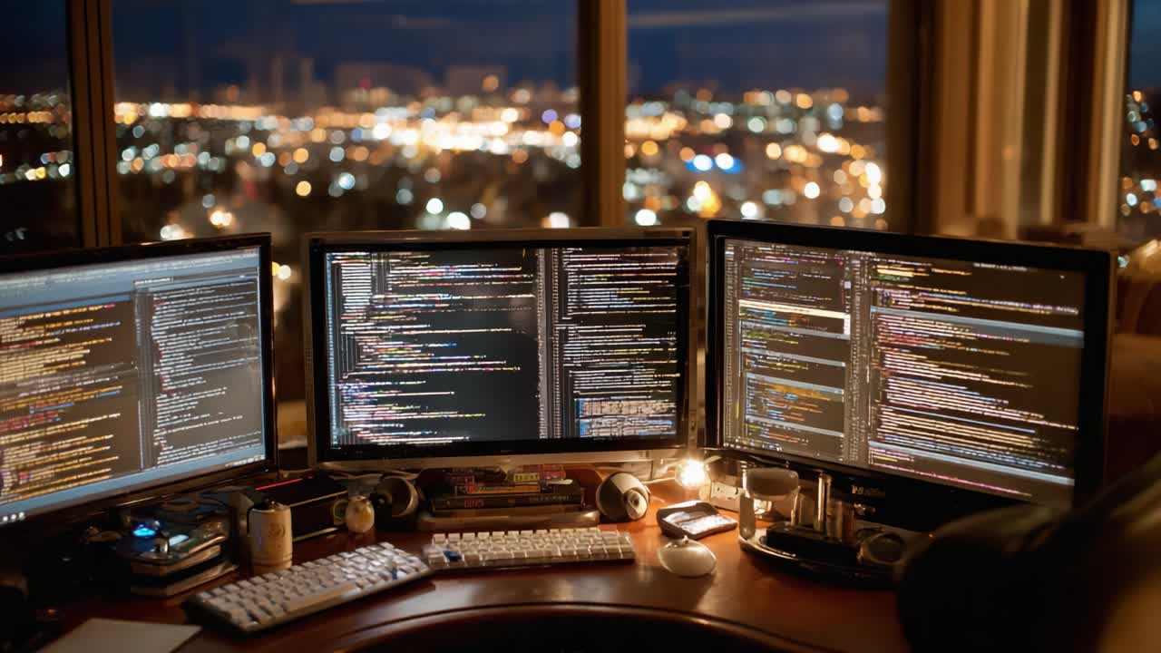 A Panoramic View of a Late-Night Coding Session: Multiple Computer Monitors Displaying Code and City Lights in the Background