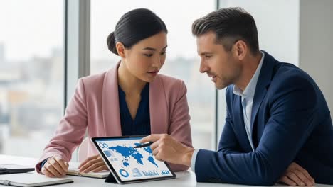 business presentation discussion: professionals analyzing data on tablet with map visualizations and reports in modern office environment