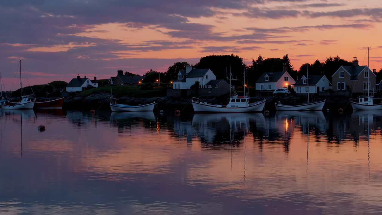 Solnedgang over en kystnær havneby med spejlinger