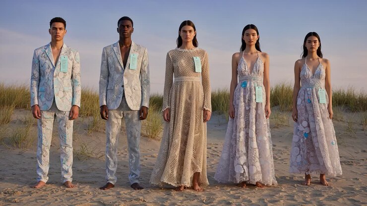 Elegante sfilata di moda su spiaggia sabbiosa: cinque modelli che mostrano abiti e completi raffinati sotto un cielo sereno al tramonto, mettendo in risalto le ultime tendenze e gli stili più recenti