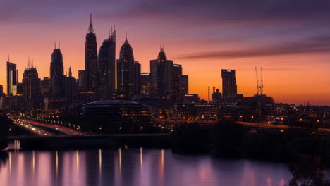 city skyline at dusk with river reflections