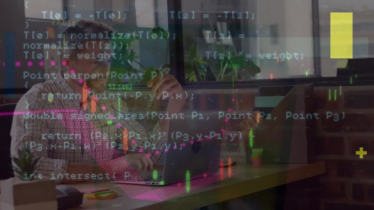 Animation of data processing over caucasian businessman using laptop