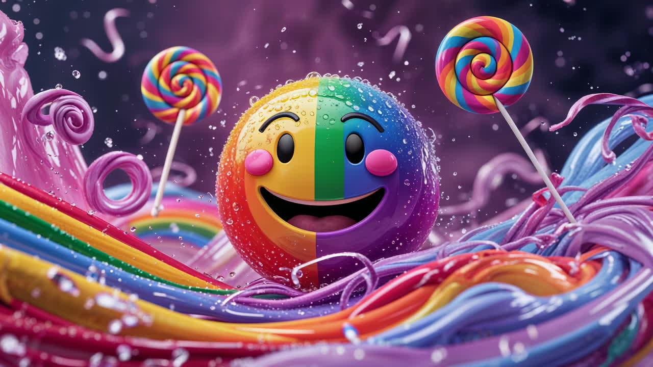 Vibrant Rainbow Emoji and Lollipops in a Candy Dreamscape