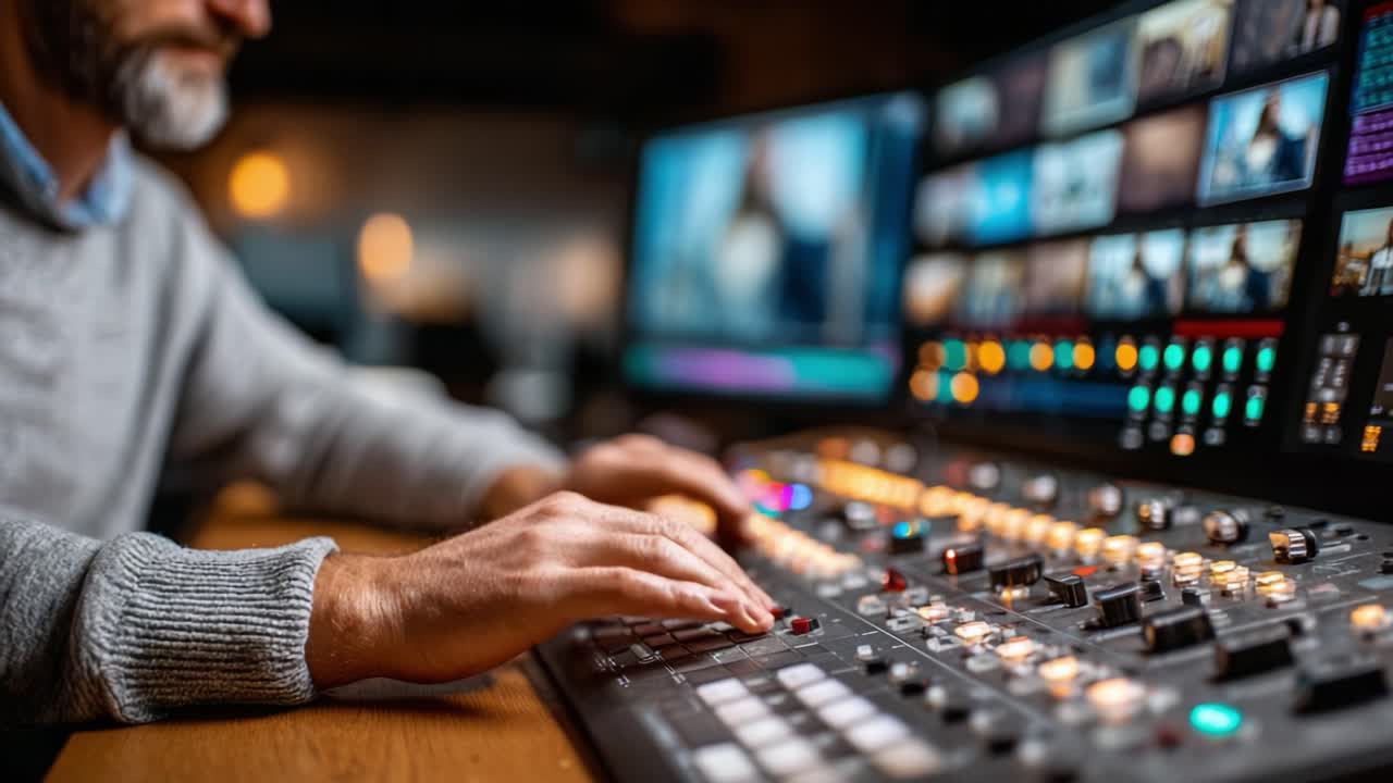 A Behind-the-Scenes Look at Video Editing: The Focused Hands of a Professional Editor at Work on a Control Panel, Manipulating Audio and Visual Elements for Seamless Production