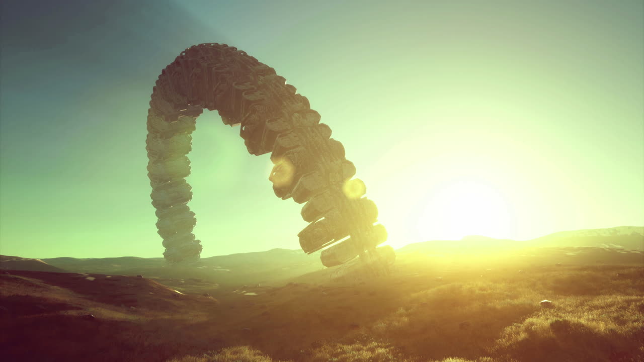 Extraterrestrial vessel hovers gracefully over rolling hills at dawn