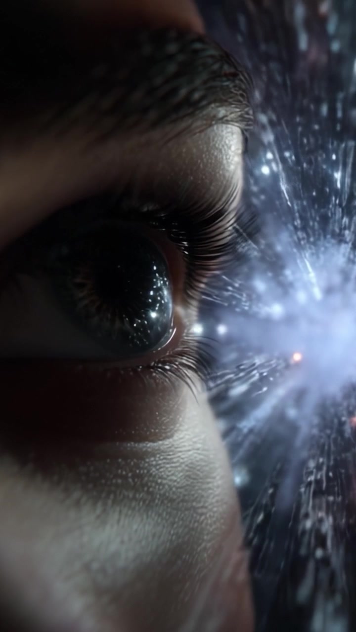 Un Intrigante Primo Piano di un Occhio che Fissa un Universo Mistico di Stelle e Luce, Creando una Visualizzazione Stimolante di Percezione e Realtà