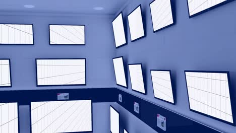 Animation-Von-Reihen-Von-Fernsehgeräten-Im-Laden-Mit-Leuchtenden-Bildschirmen-Und-Kopierraum