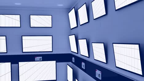 animation of rows of television sets in store with glowing screens with copy space