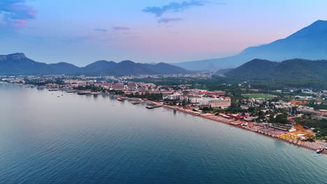Picturesque view of the beautiful shore of the Mediterranean Sea. Multiple hotels at the beachside of Kemer, Turkey, Aerial view