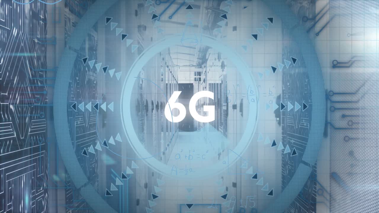 서버 의 회로 보드 패턴 위에 로딩 서클에 6g 텍스트와 화살표의 애니메이션