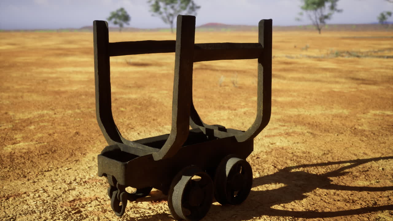 Rustic cart resting on barren land under an expansive sky in midafternoon