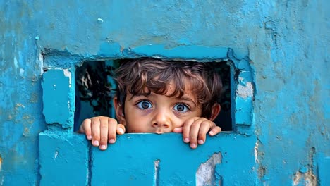 ein kleiner junge, der aus einem blauen fenster mit den händen auf dem fensterbrett schaut