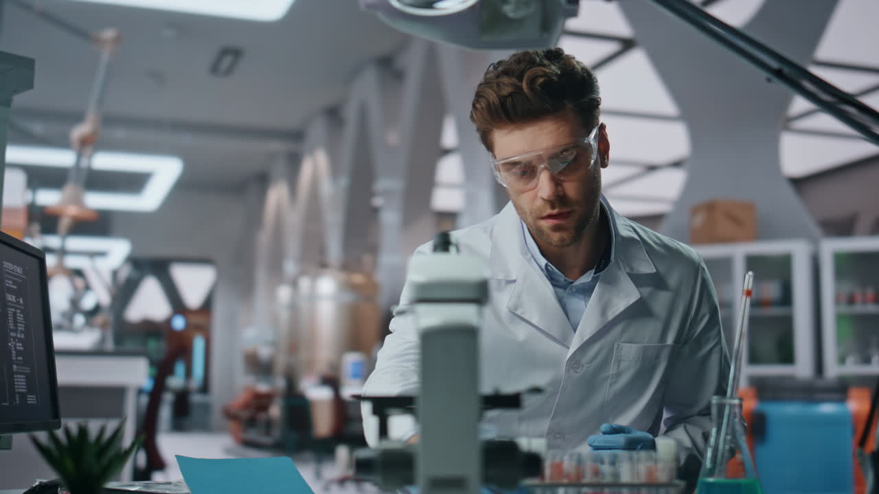 científico poniendo gafas de seguridad trabajando con muestras en laboratorio de cerca.