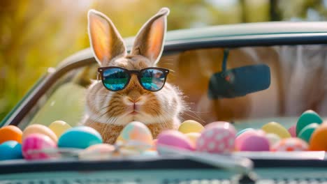 easter bunny driving a car with easter eggs