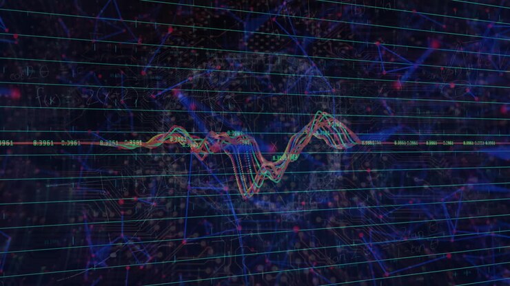 Animation of multiple graphs, dots forming geometric shapes, digital brain over abstract background