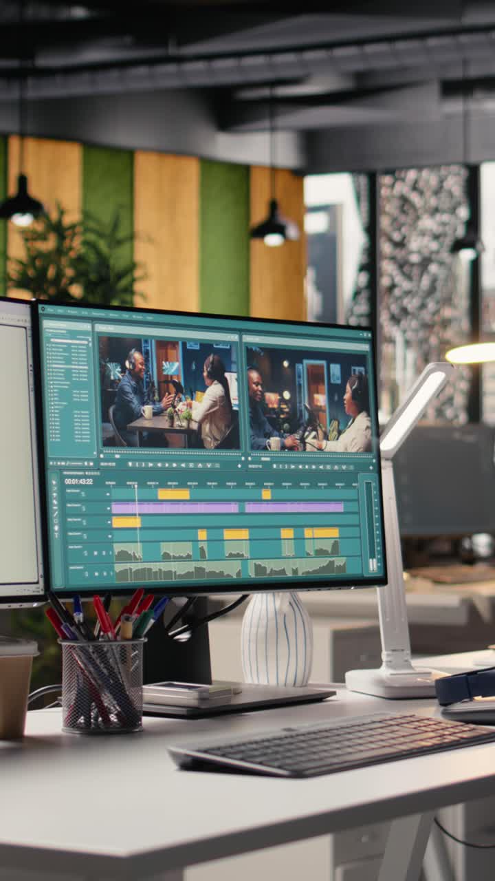 Vertical Video Empty Post Production Office With Professional Editing Setup On Pc Computer