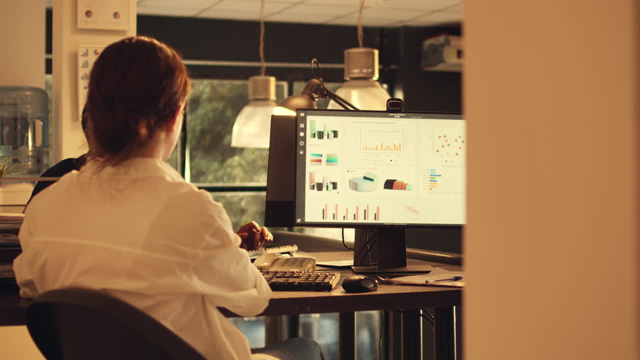 Office worker analyzing financial shares on computer