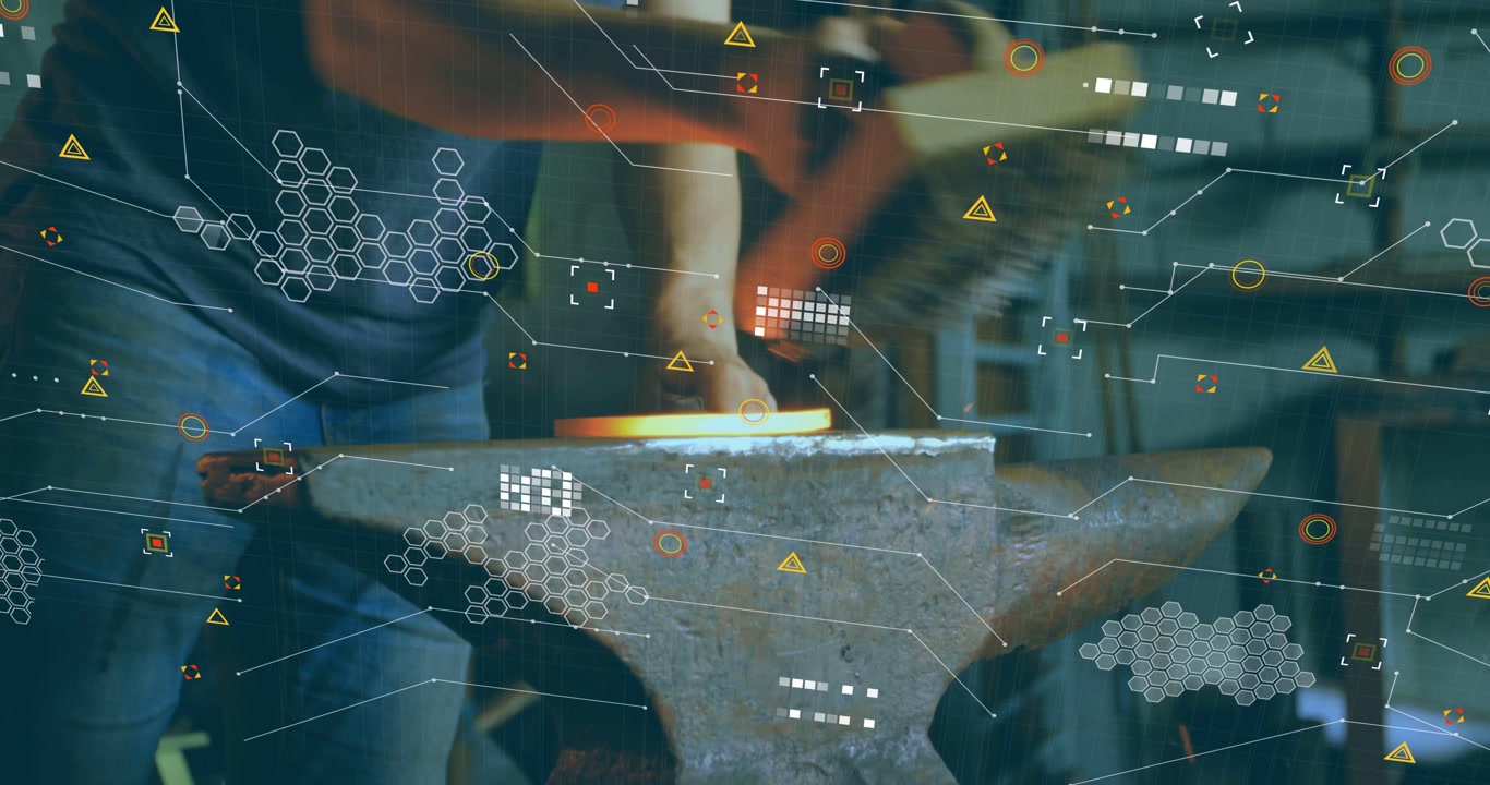 Vertical video: Placing glowing disc, worker in dark shirt, jeans forging at anvil with hammer, HUD