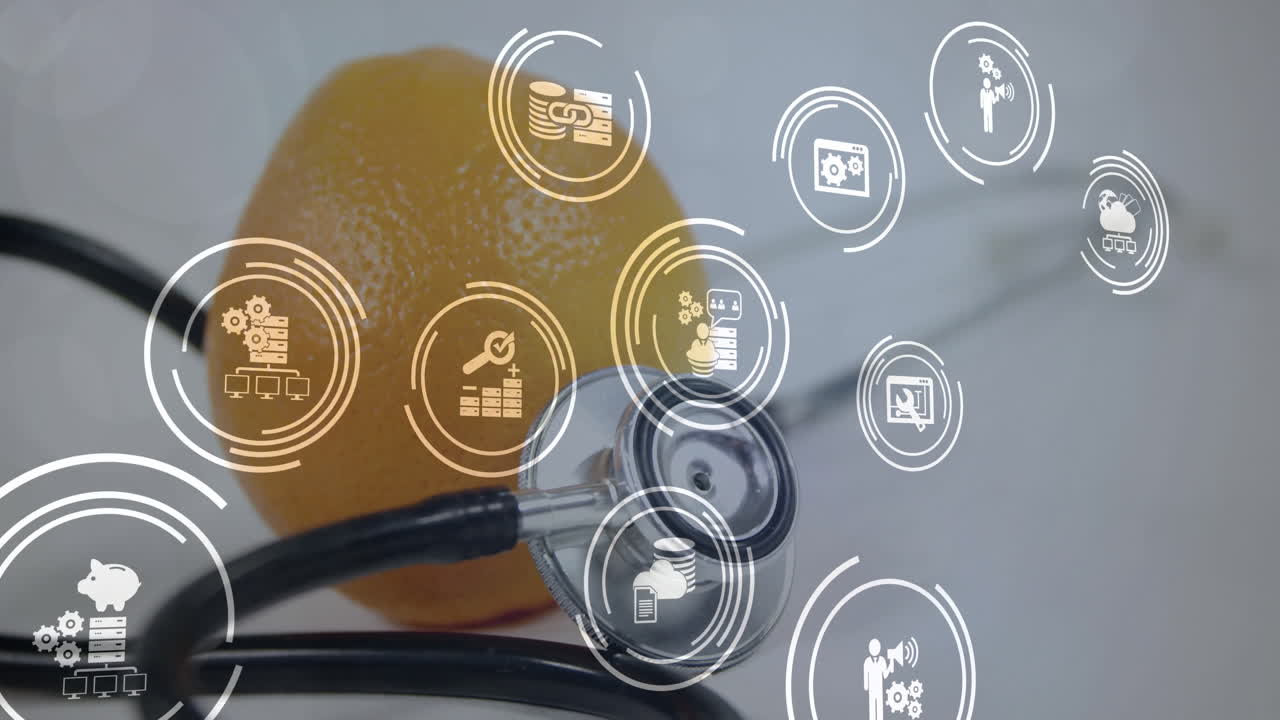 animación de iconos comerciales sobre estetoscopio y naranja