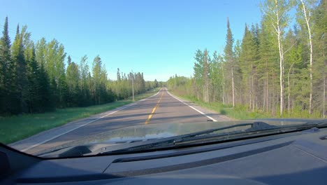 POV-Während-Der-Fahrt-Auf-Einer-Schmalen-Kreisstraße-In-Einem-Waldgebiet-Im-Norden-Von-Minnesota-Im-Zeitigen-Frühjahr