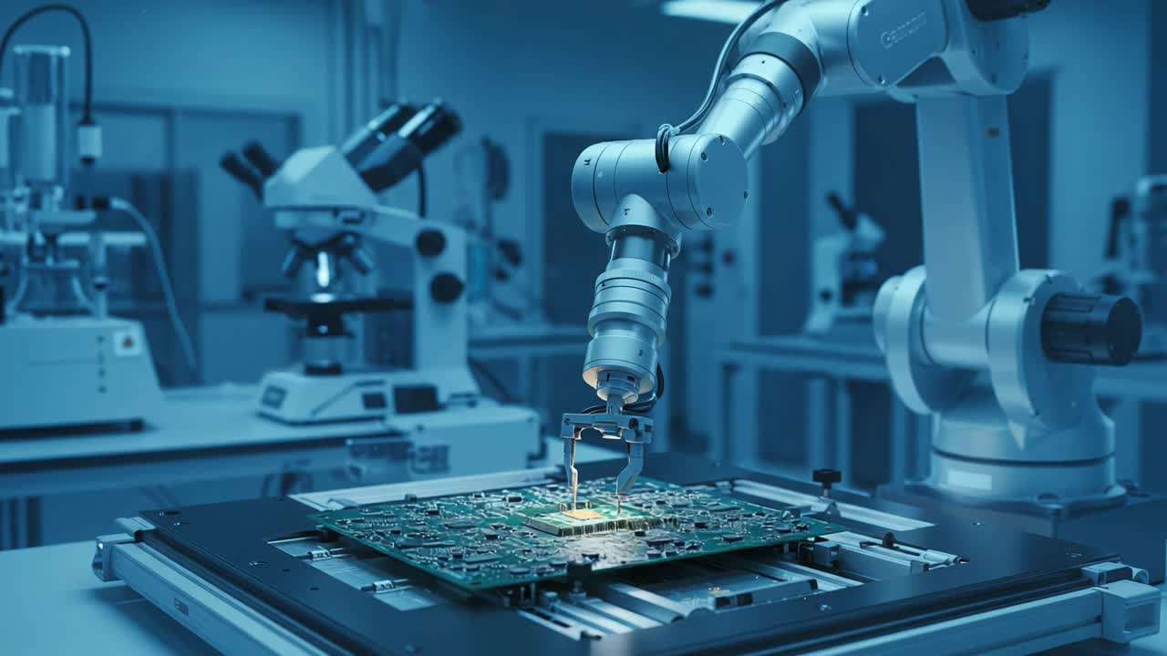Precision Robotics in Action: Automated Arm Integrates Components on a Circuit Board in a High-Tech Laboratory Environment with Advanced Optical Equipment