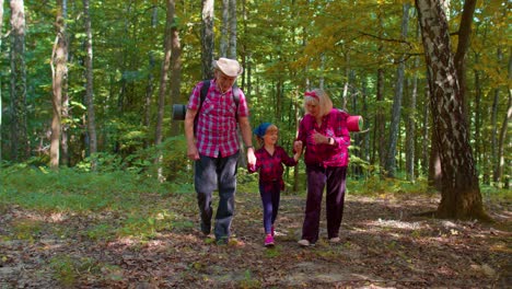 turistas mayores abuela, abuelo, nieta niño hablando, caminando con mochilas en la madera