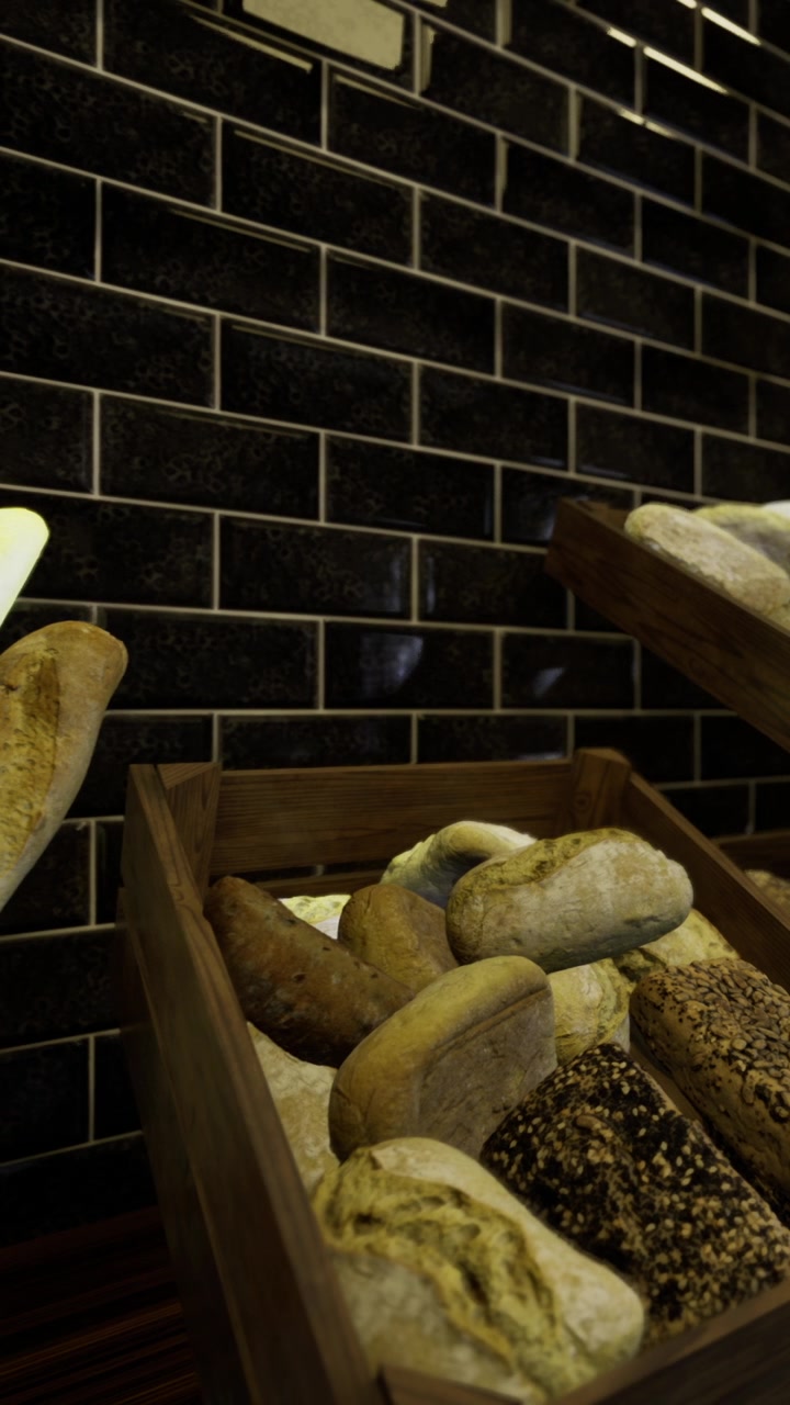 Different types of bread placed in wooden trays at a bakery