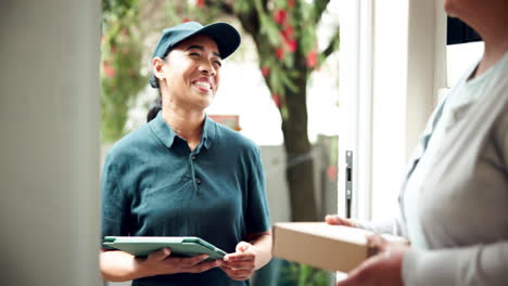 delivery woman handing package to customer
