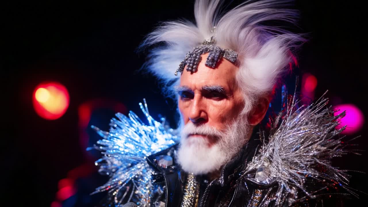 A Captivating Performance by a Charismatic Individual Dressed in Glorious Silver and Sparkling Attire, Enacting an Enigmatic Persona Amidst Dazzling Stage Lights and Energetic Atmosphere