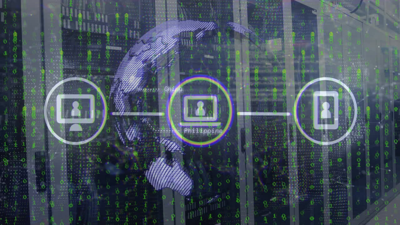 animación de globos, iconos, codificación binaria y procesamiento de datos a través de servidores informáticos