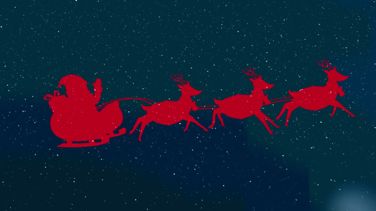 nieve cayendo sobre santa claus en trineo siendo tirado por renos contra un fondo azul