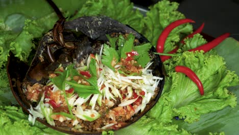 eating prepared horseshoe crab over salad plate