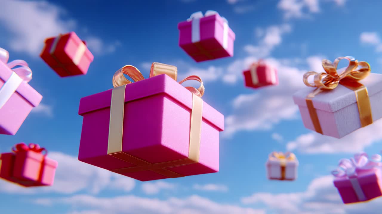 Floating Colorful Gift Boxes Against a Bright Blue Sky with Cotton Candy Clouds, Celebrating Joy and Surprises with Vibrant Pink, White, and Red Presents Perfect for Special Occasions and Celebrations
