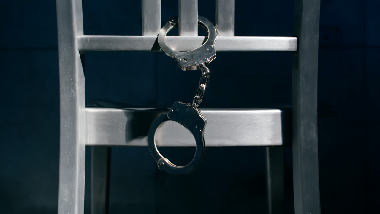 Medium slow motion dolly shot of a pair of handcuffs dangling from the back of a chair