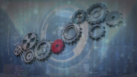 Animation of scope scanning and cogs moving over man wearing vr headset
