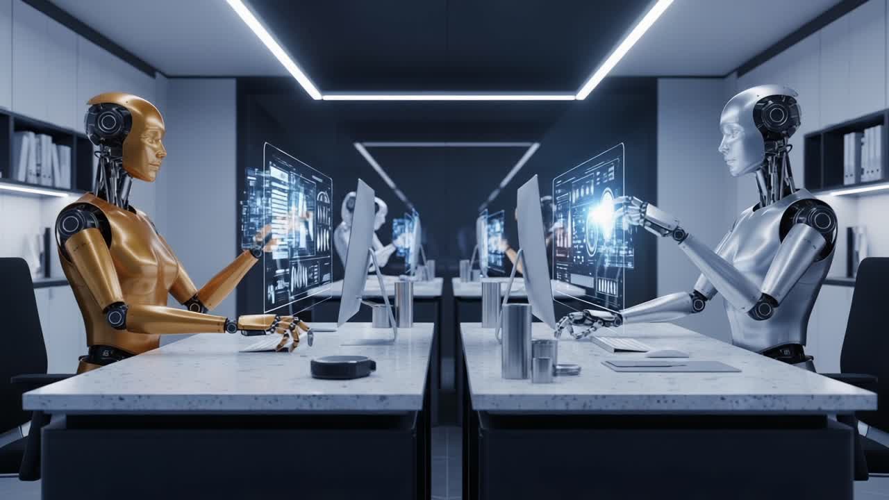 Et futuristisk billede, der viser to robotter engageret i avanceret interaktion, mens de analyserer data på digitale skærme i et moderne kontormiljø