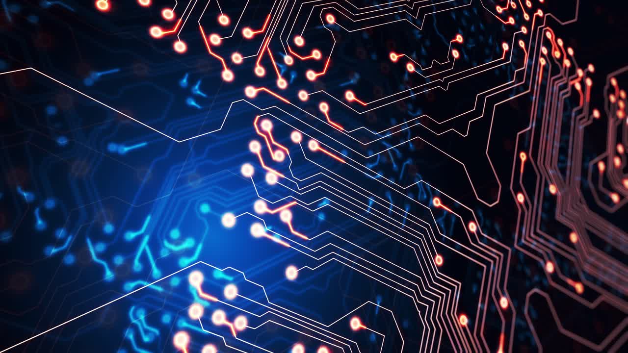 컴퓨터 회로판 위에서 움직이는 빛의 흔적의 애니메이션