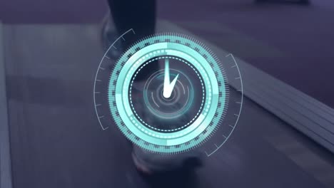 Animation-of-legs-running-on-treadmill-with-scope-scanning-and-clock-moving-fast