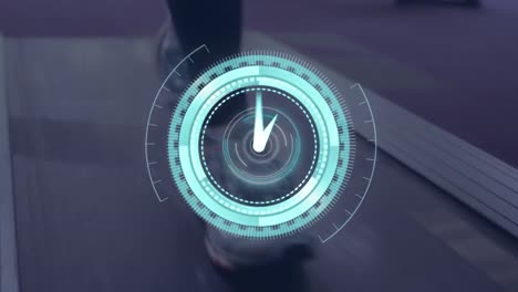 animación de piernas corriendo en una cinta de correr con escaneo de alcance y reloj moviéndose rápido