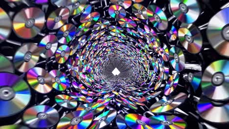 numerous compact discs form a vibrant, swirling tunnel, their iridescent surfaces creating a kaleidoscopic effect, leading the viewer's eye towards a distant point of light