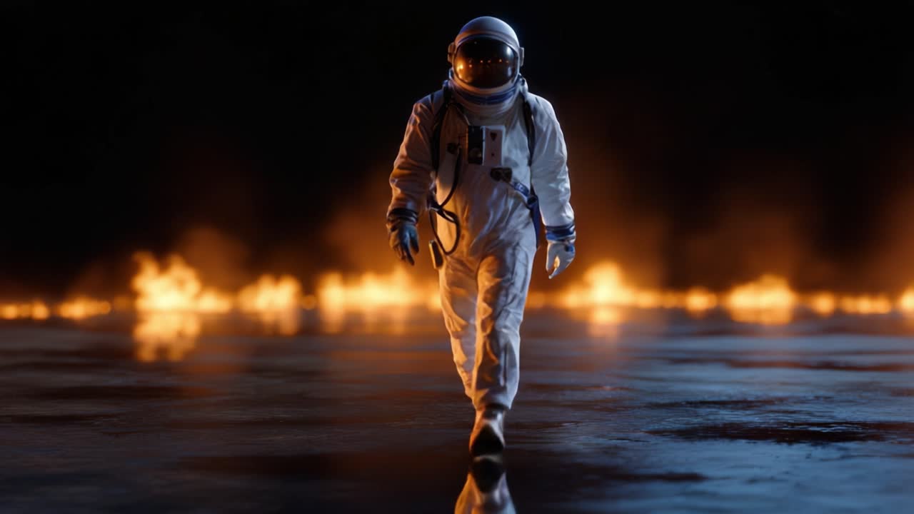 Un astronauta cammina attraverso un paesaggio infuocato, mostrando una scena drammatica e surreale di esplorazione e resilienza tra fiamme e fumo con una superficie riflettente.