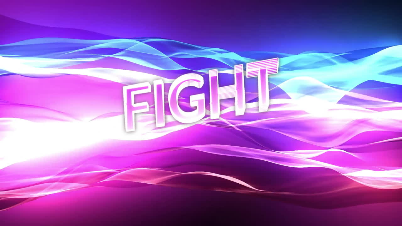 Animation of fight text over colourful light trails on purple background