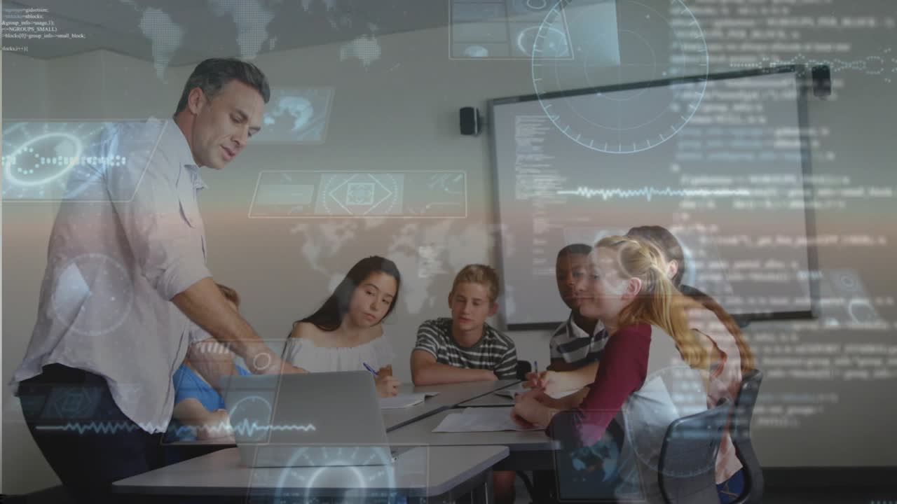 Teacher pointing at laptop, activating edu HUD showing maps and waves to show data, students noting