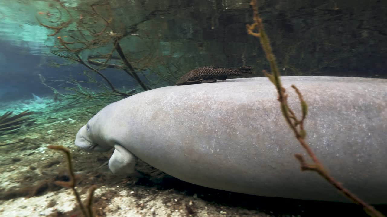 Underwater view of a Florida manatee resting with an armored catfish on its back in a clear spring habitat